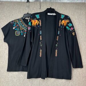 VTG Kimono Sweater Jacket LARGE & Black Embroidered Top MED Boho Tribal Ethnic